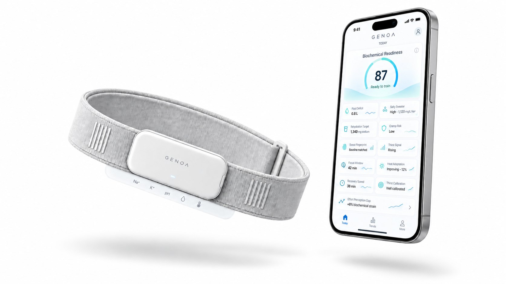 The Genoa band with its sensor patch, beside the app